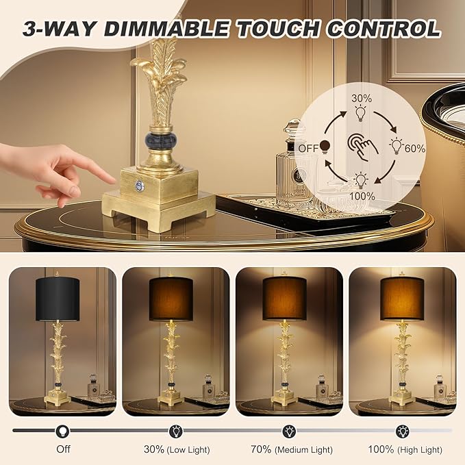 Table Lamps Set of 2 for Living Room, 3-Way Dimmable Touch Buffet Lamps with USB A+C Ports, Gold Leaf Finish Bedside Lamps with Black Linen Shades, Modern Nightstand Lamp for Bedroom Office Entryway - Bloomnest