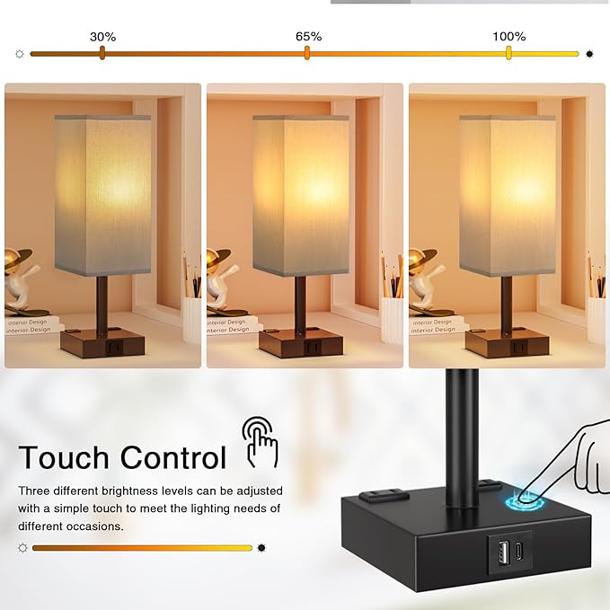 Touch Bedside Table Lamp For Nightstand - 3-Way Dimmable Night Lamp with USB A + Type C Charging Ports and two AC Outlets, Small Desk Light with E26 LED Bulb for Bedroom Living Room Office, Grey Black - Bloomnest