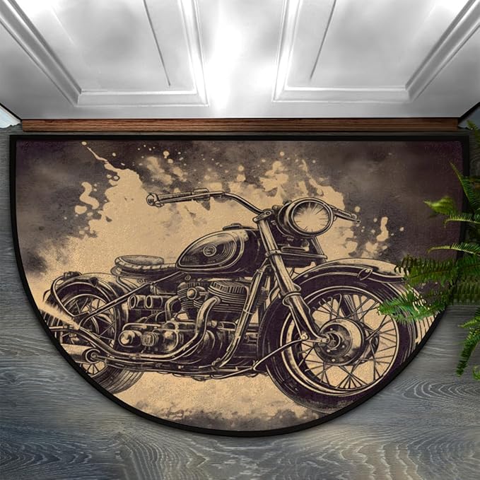 Half Round Door Mat, Vintage Motorcycles Non-Slip Half Circle Area Rug Transportation Doormat Washable Durable Home Decor Half Moon Rug for Floor Indoor Outdoor Living Room Bedroom Kitchen Patio - Bloomnest