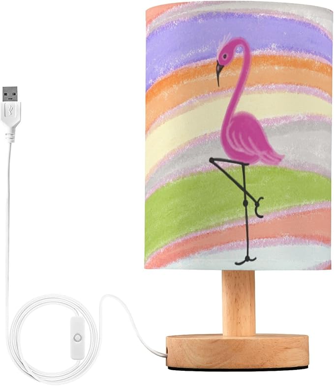 Table Lamp Flamingo on Rainbow Colorful Striped Nightstand Lamp with Wood Base Fabric Lamp Shade Bedside Desk Lamp for Living Room Bedroom Kids Room Office - Bloomnest