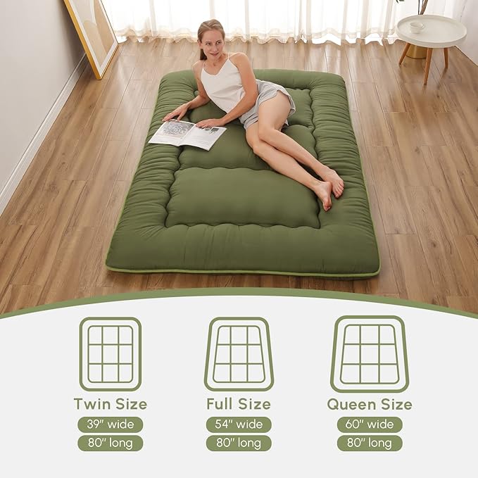 Japanese Floor Mattress, Futon Mattress with Portable Storage Bag and Washable Cover, Roll Up Thick Tatami Mat Suitable for Camping, Guest Room, Green, Full - Bloomnest