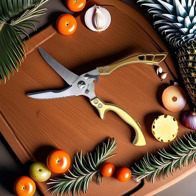 ANDONG Heavy Duty Kitchen Poultry Shears with Serrated Edge, Spring Loaded Kitchen Scissors, Professional Chicken Shears, Gold - Bloomnest