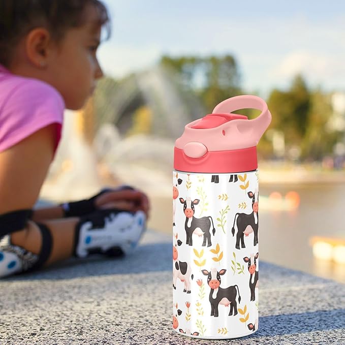 Cute Little Cow White Kids Insulated Water Bottle, Toddlers Tumbler Travel Cup with Straw & Handle Stainless Steel Cup for Travel School Girls 12 oz - Bloomnest