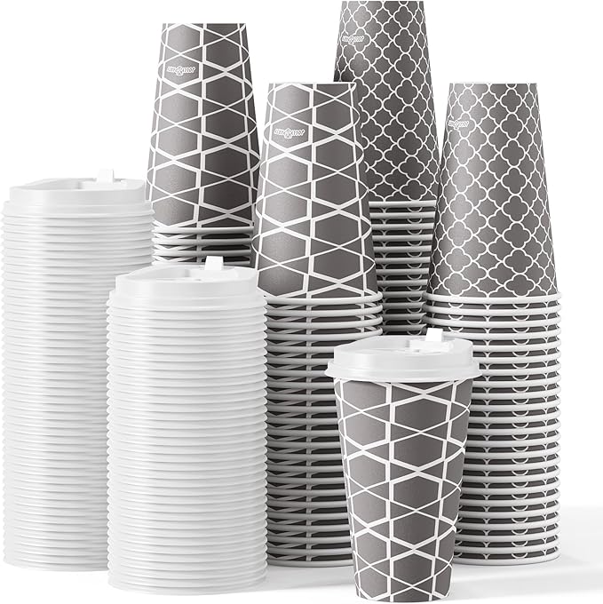 JOLLY PARTY Disposable Coffee Cups with Lids -16 oz (100 Sets) To Go Cups, Paper Coffee Cups for Beverages Espresso Tea, Suitable for Cafes, Offices and Home - Bloomnest