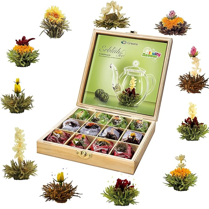 Creano Abloom Tea - Blooming Gift Set in Wooden Box - 12pcs Green, White & Black Tea - Bloomnest