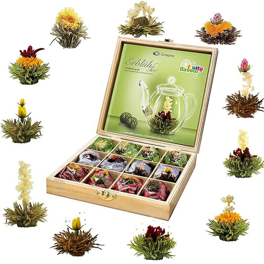 Creano Abloom Tea - Blooming Gift Set in Wooden Box - 12pcs Green, White & Black Tea - Bloomnest