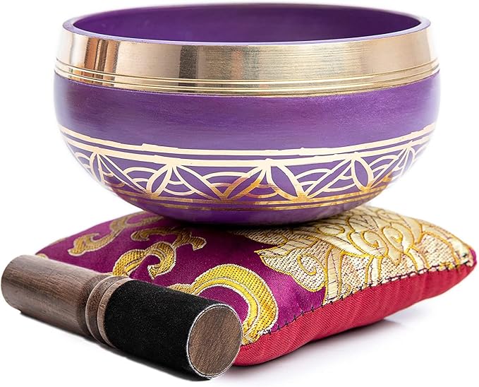 Tibetan Singing Bowl Set - Authentic Handcrafted Mindfulness Meditation Holistic Sound 7 Chakra Healing Gift by Himalayan Bazaar (Purple-Magenta) - Bloomnest
