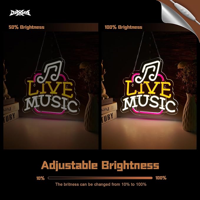 Live Music Neon Sign LED Wall Art for Bedroom, Bar, Studio – USB Powered, Dimmable, Energy-Efficient(12.6x12.6 Inch) - Bloomnest