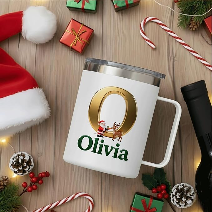 Personalized Christmas Insulated Coffee Mug with Handle – Custom Gold Initial Letter [O] with Santa & Reindeer & Green Name [Olivia] – [Your Brand Name] (B120) - Bloomnest