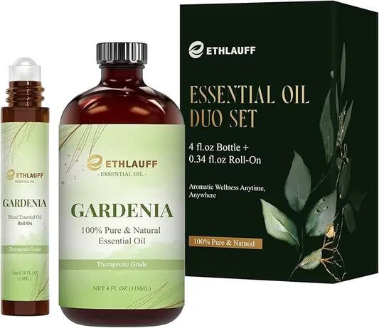 Gardenia Essential Oil (4 fl.oz Bottle + 0.34 fl.oz Roll-On) — Gardenia Oils for Aromatherapy, Diffusers, Humidifiers, Home fragrances, DIY Skincare, Candle, Soap Making, Relaxation, Yoga Ethlauff
