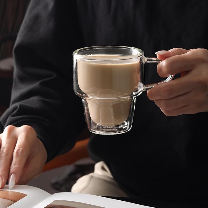 NIRA.Z 4 Pack Double Wall Glass Coffee Mugs 10 OZ Insulated Espresso Cups with Handle, Stackable Thermal Glass Coffee Cups, Ideal for Hot & Cold Drinks, Juice, Americano, Latte, Tea Bags, Cappuccinos - Bloomnest