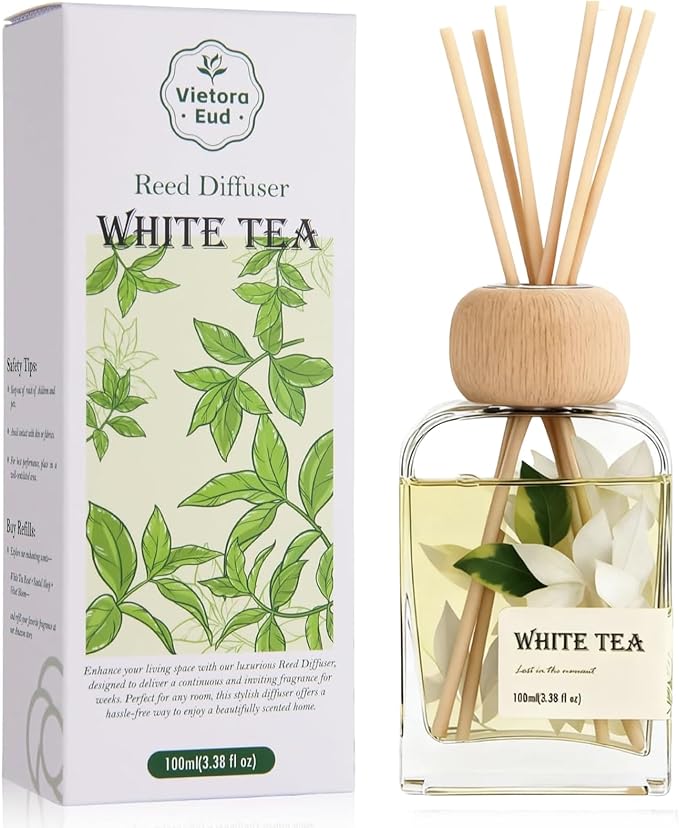 White Tea Essential Oil Reed Diffusers,Luxury Hotel Collection Diffuser Oil Inspired by Westin for Home&Office, Bedroom Living Room Shelf Decor,Bathroom Accessories,Non-Toxic & Gift Ready,3.34 FL OZ - Bloomnest
