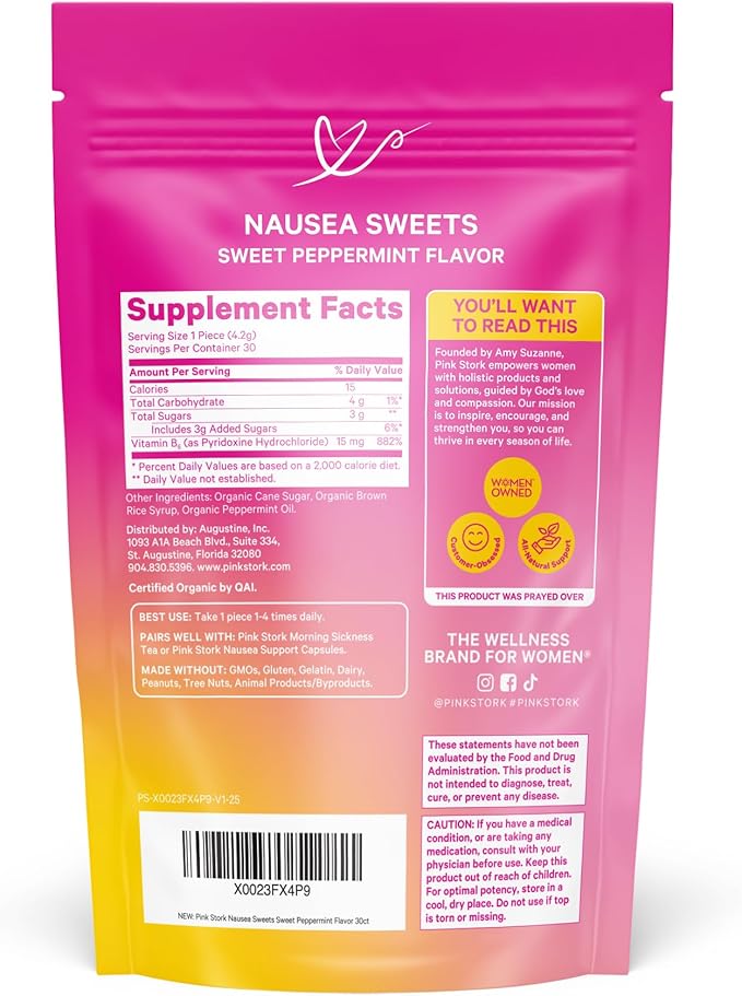 Pink Stork Organic Peppermint Sweets for Morning Sickness and Motion Sickness Support, Added Vitamin B6, 1st Trimester Pregnancy Must Haves - 30 Wrapped Peppermint Candies - Bloomnest