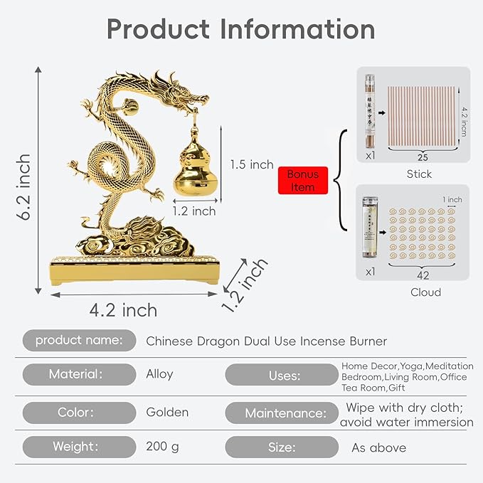 Golden Chinese Dragon Incense Holder– Dual-Use Metal Feng Shui Decor with Hanging Gourd Cone Incense Burner & Hidden Stick Holder – Spiritual Aromatherapy Gift for Meditation, Home & Office Decoration - Bloomnest