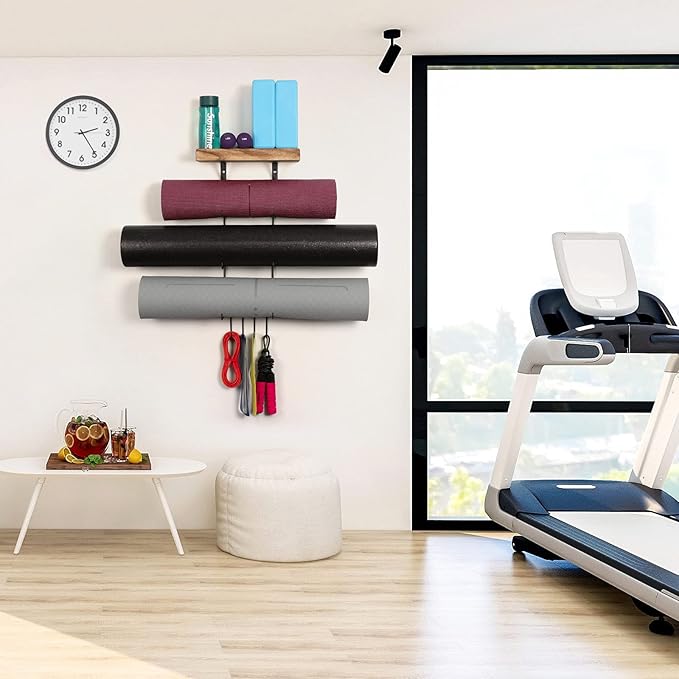 2 PACK Yoga Mat Holder Wall Mount Yoga Mat Storage Shelf Rack Home Gym Accessories with Wood Floating Shelves and 4 Hooks for Hanging Foam Roller and Resistance Bands Home Gym Carbonized Black