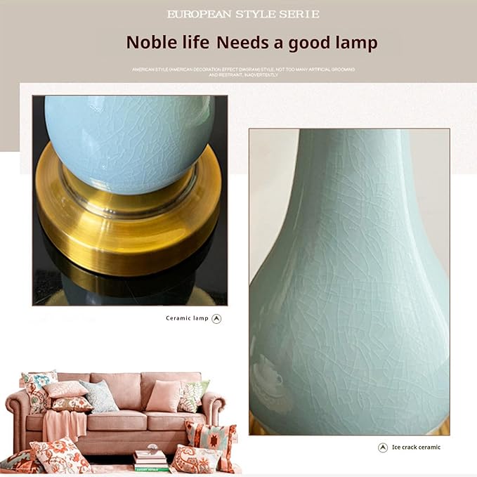 Large Table Light 3 Color Adjustable Ceramic Lamp Vintage Nightstand Lamps Dimmable Bedside Table Lamps for Living Room Bedroom Home Office (Cyan) - Bloomnest