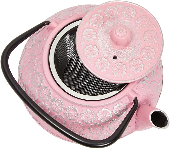 Juvale Cast Iron Tea Kettle - Stainless Steel Infuser & Loose Leaf Tea Steeper - Heat Retention in Pink Cast Iron Kettle - 34 oz