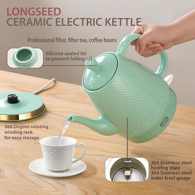1.2-Liters Ceramic Electric Kettle Pot, 1000W Fast Boil Water For Coffee & Tea, Automatic Shut-Off, Boil Dry Protection, Retro Gooseneck Teapot BPA Free Boiler