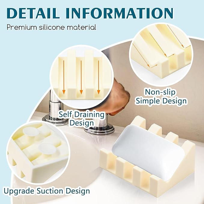 Silicone Soap Dish with Drain, Upgrade Double Suction Cups at The Bottom for Anti-Slip and Stability, Soap Dish Shower Waterfall Bar Soap Holder Tray with Drain Soap Holder (1, CreamWhite) - Bloomnest