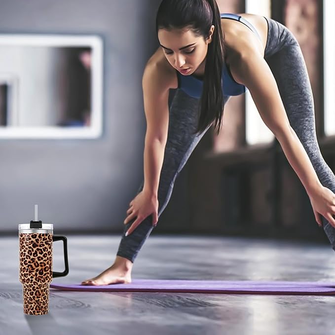 40 oz Tumbler with Handle and Flip Straw Lid, Vacuum Insulated Leak Proof Double Walled Stainless Steel Travel Mug Tumblers, Maintains Cold Ice and Heat for Hours(Leopard Brown Tumbler) - Bloomnest