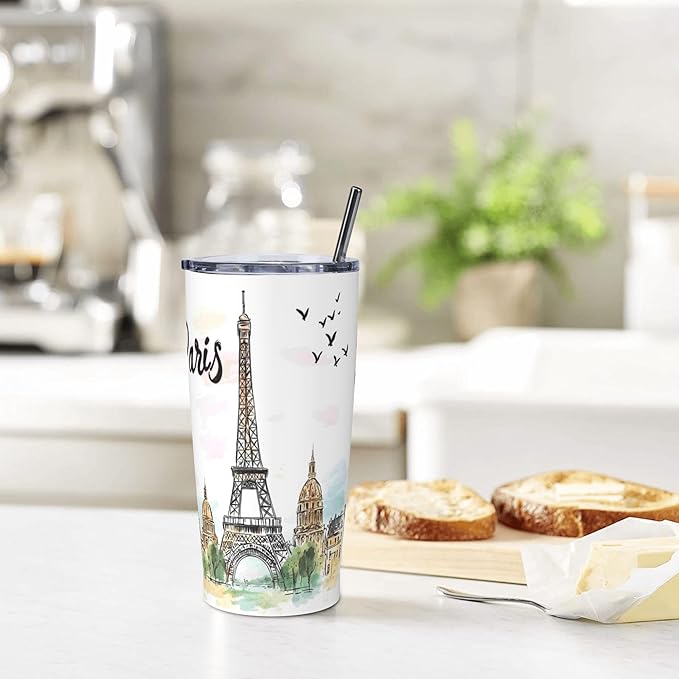 Paris Eiffel Tower Tumbler with Lid and Straw 20 oz Stainless Steel Cup Insulated Tumbler Coffee Mug for Home Office or Car Christmas Birthday Gifts - Bloomnest
