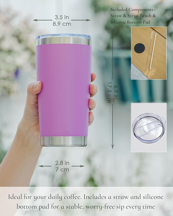 Travel Coffee Tumbler 20oz, 1 Pack Leakproof Travel Coffee Mug with Lid and Straw, Stainless Steel Double Wall Vacuum Insulated Tumbler for Hot/Iced Drinks (Textured Matte, Lilac Pink) - Bloomnest