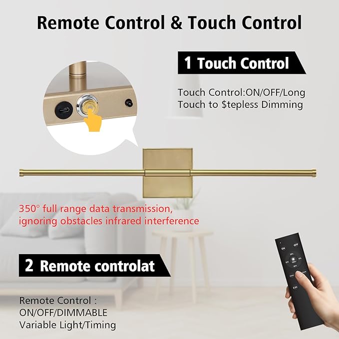 Wall Sconces Battery Operated, Wall Sconces 3000K-6000K Dimmable Rechargeable Wall Sconce with Remote Control, 350°Rotate LED Wireless Wall Lights for Living Room, Hallway, Bedroom (Gold) - Bloomnest