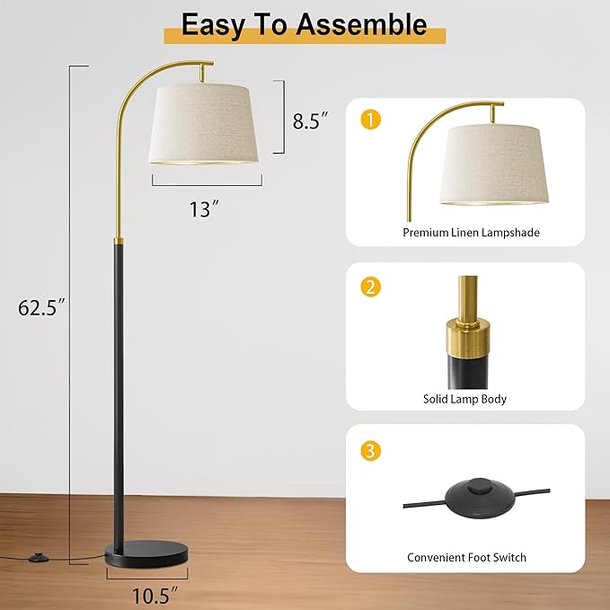 62.5" Floor Lamps for Living Room with Foot Switch Arc Tall Standing Lamp for Bedroom Mid Century Modern Corner Gold Black Floor Lamps for Office Nursery Industrial Reading Light Room Lamp - Bloomnest