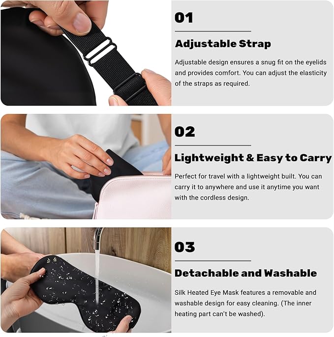 Silk Cordless Heated Eye Mask for Dry Eyes, Light Blocking Warm Eye Compress, Improved Sleep, with 3 Heat Settings, Washable Heating Pad for Migraine, Travel, Rechargeable, Men Women - Bloomnest