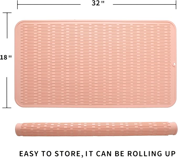 Silicone Dish Drying Mat for Multiple Usage,Easy clean,Eco-friendly,Heat-resistant Silicone Mat for Kitchen Counter or Sink,Refrigerator or Drawer Liner Pink 4XL 32 inches x 18 inches - Bloomnest