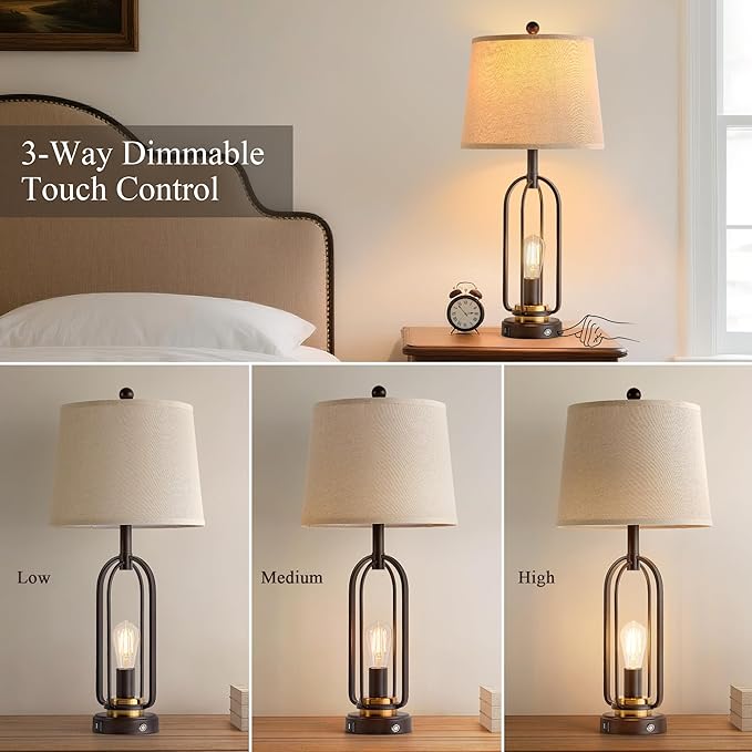 Farmhouse Table Lamps for Living Room Set of 2, 28.5" Tall Rustic Table Lamps with USB Ports, 3-Way Dimmable Vintage Bedside Lamps for Bedroom Nightstand, Bulbs - Bloomnest