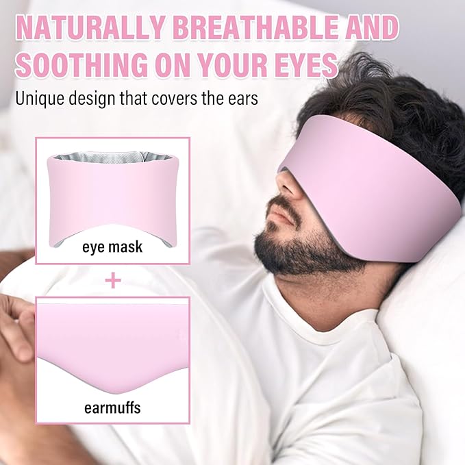 Sleep Mask, Eye Mask for Sleeping with Heads Adjustable, Earmuffs for Sleep for Men & Women, 2 in 1 Ear Mask and Blindfold, Soft Dual-Sided All-Season Eye Cover for Side Sleepers (Pink) - Bloomnest