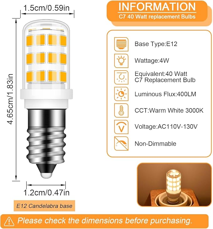 E12 LED Bulb 40w Replacement LED Candelabra Bulbs C7,Type B Candelabra Base 3000K Warm White, E12 4W LED Light Bulbs for Ceiling Fan Pendant Lighting Salt Lamp,Non-Dimmable,2 Pack - Bloomnest