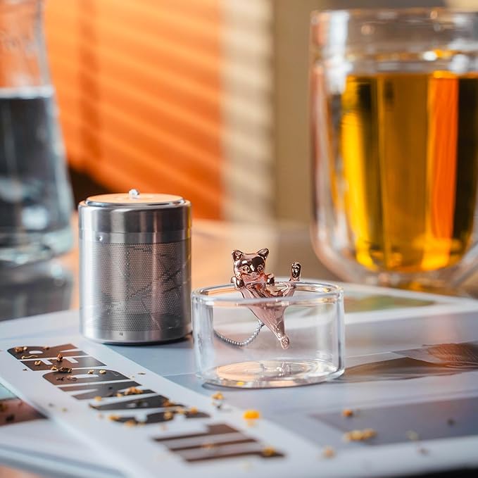 Cat Tea Infuser Stainless Steel with Secure Clip Rose Gold Kitty - Cute Animal Tea Ball Strainer, Reusable Loose Leaf Infuser w/Hanging Clip & Glass Holder Gift for Tea Lovers