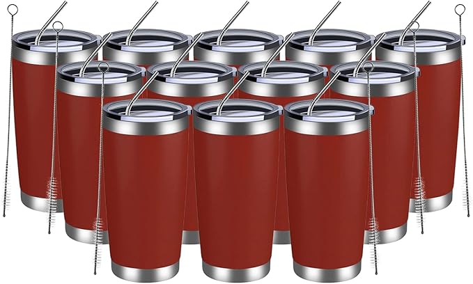 MEWAY 20oz Tumbler 12 Pack Double Wall Vacuum Insulated Travel Mug Bulk, Stainless Steel Tumblers with Lid and Straw, Powder Coated Coffee Cups for Cold & Hot Drinks (Red, Set of 12) - Bloomnest
