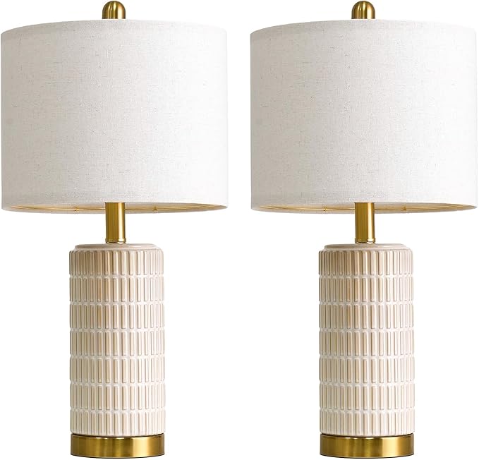 PoKat Small Bedside Table Lamps with USB Ports for Bedroom, 21.5'' White Nightstand Lamps for Night Stands, Modern Ceramic Bedroom Lamps for Living Room End Table, White and Beige - Bloomnest