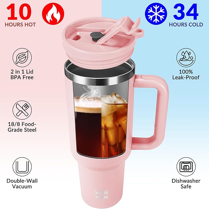 WETOWETO 40oz Tumbler with Handle and Lid | 100% Leakproof Insulated Stainless Steel Travel Mug | Keeps Cold 34Hrs/Hot 10Hrs | Dishwasher Safe, Fits Car Cup Holder (Blush Color) - Bloomnest