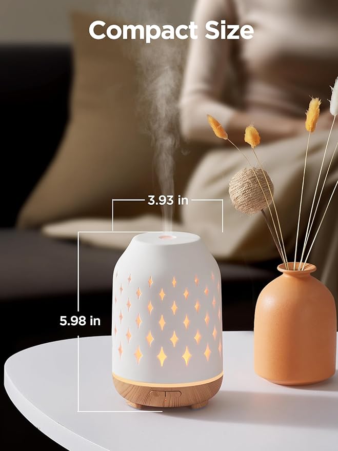 InnoGear Aromatherapy Diffuser, 150ml Ceramic Diffuser Ultrasonic Humidifier Cool Mist Essential Oil Diffusers for Home Air Diffuser with 2 Mist Modes Waterless Auto Off, White - Bloomnest