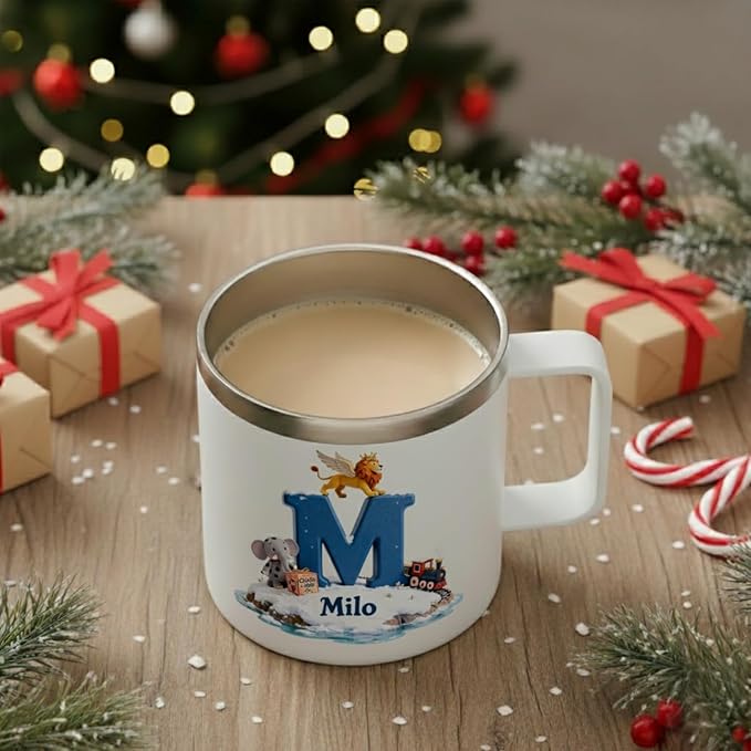 Personalized Kids Hot Chocolate Mug with Custom Name, Magical Lion & Train Christmas Tumbler for Boys & Girls - 14oz Insulated Stainless Steel Cup with Handle & Lid, Unique Holiday (B66) - Bloomnest