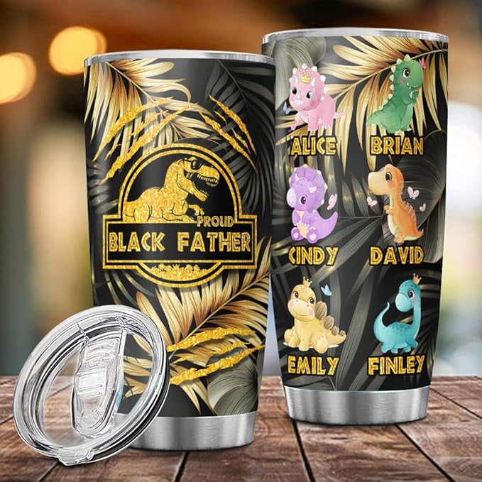 Proud Black Father Dinosaur Tumbler, 20oz or 30oz Custom Stainless Steel Mug with Kids' Names, Cute Dino Characters, Gift for Dad from Children, Personalized Father's Day Travel Cup - Bloomnest