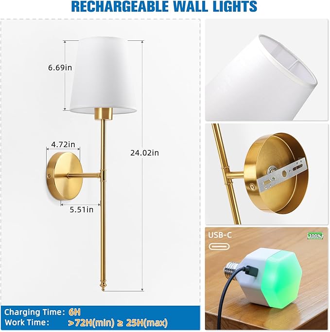 NIORSUN Battery Operated Wall Sconce Set of 2,Gold Rechargeable Wall Lights with 5200mAh Dimmable Bulbs and Remote,10 Colors Wireless Wall Lamps for Bedroom Living Room Hallway Decor - Bloomnest