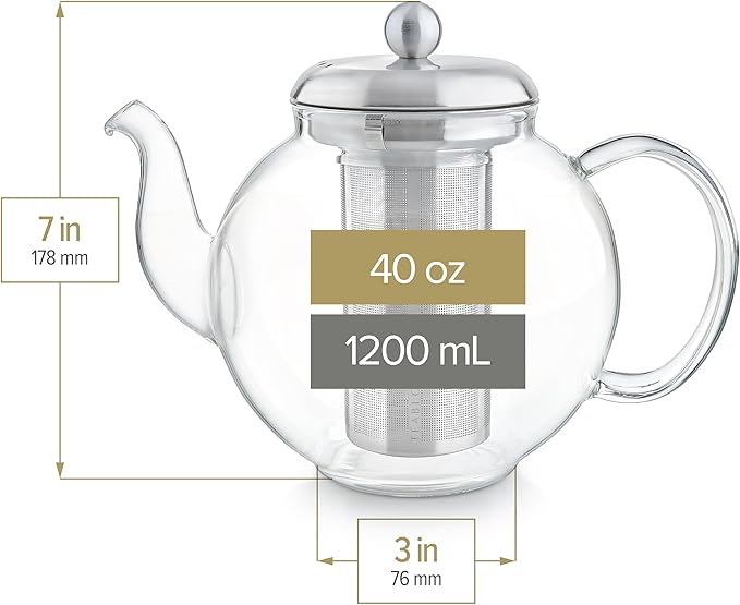 Teabloom Heritage Borosilicate Glass Teapot – 40 oz Classic Round Design with Stainless Steel Infuser – Stovetop Safe, Drip-Free Spout, Durable Heat-Resistant Tea Kettle for Loose Leaf or Teabags - Bloomnest