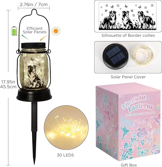 Border Collie Gifts for Women/Men Border Collie Solar Lanterns Dog Mom Birthday, Dog Lovers Lantern, Pet loss Pet Memorial Lights, Solar Garden Decoration Outside for Yard, Patio,Backyard,Porch - Bloomnest