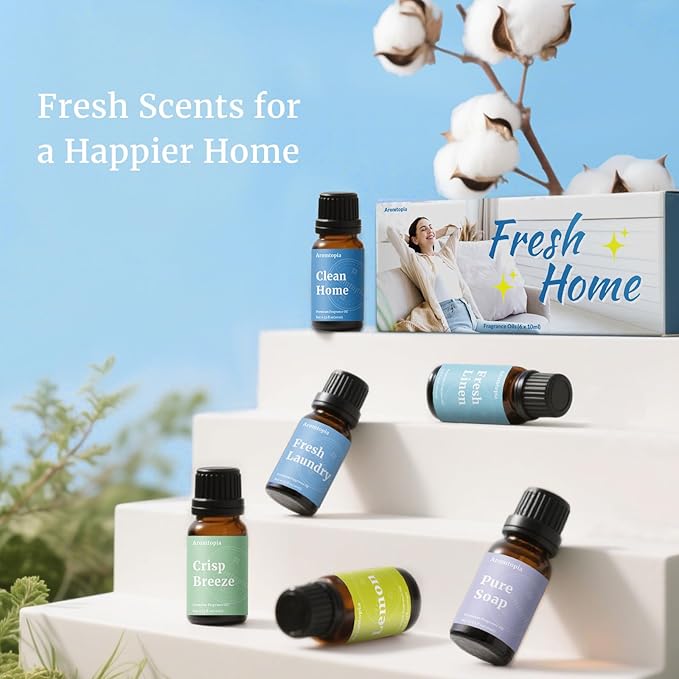 Diffuser Fragrance Oils, Aromtopia Essential Oils for Diffusers for Home, 6x10ml Fresh Home Set, Clean Scents for Candle Soap Making, Dryer Ball, Fresh Linen, Fresh Laundry, Crisp Breeze, Lemon - Bloomnest