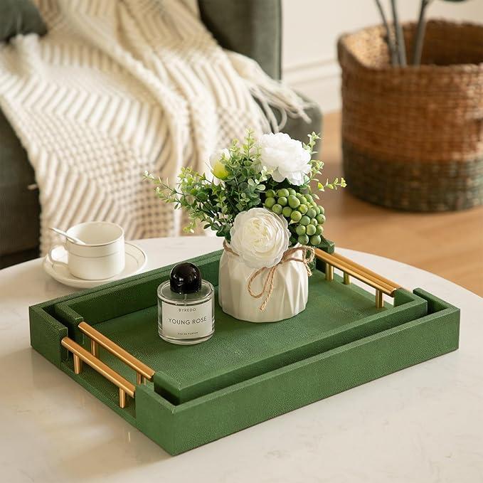 Decorative Tray Set of 2, Green Shagreen Leather Tray, Modern Elegant Rectangle Serving Trays with Gold Polished Metal Handles, Ottoman Trays Coffee Table Perfume Kitchen Home Decor - Bloomnest