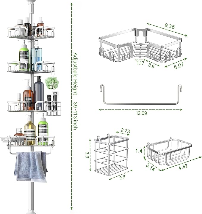 Corner Shower Caddy Tension Pole 4 Tier Adjustable Stainless Steel Shower Shelf for Inside Shower Bathtub Shampoo,Standing Bathroom Organizer Shelves with 39 to 113 inch Height - Bloomnest