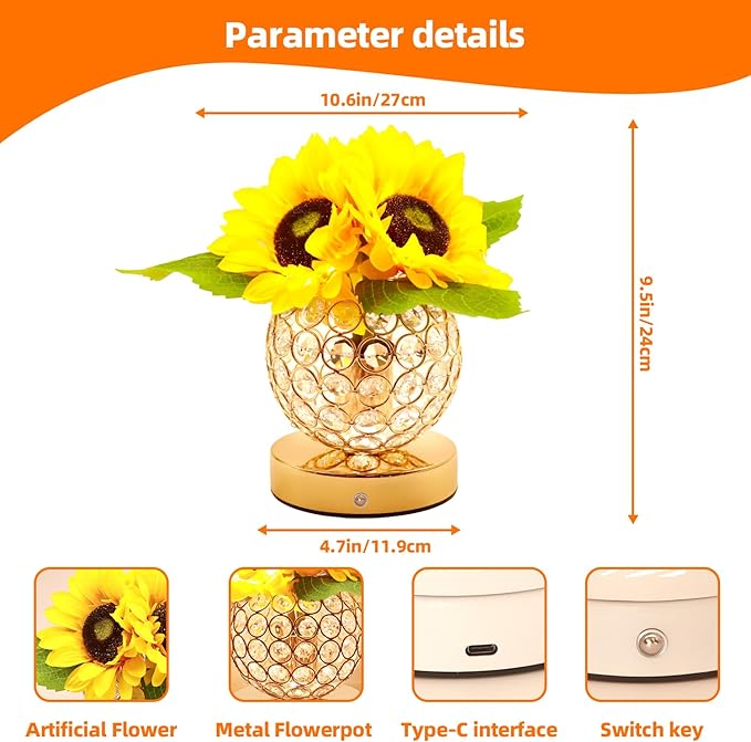 Birthday Gifts for Women,Sunflower Flower Touch Lamp,Rechargeable Cordless 3-Colour Dimming Night Light for Festival,Restaurant,Bedroom,Office Home Decor Gifts for Mom - Bloomnest
