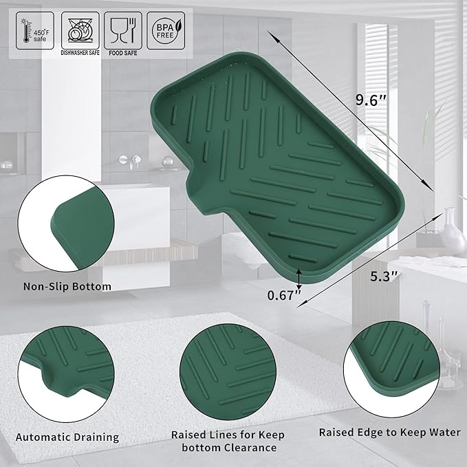Silicone Bathroom Soap Dishes with Drain Spout-Bathroom and Kitchen Sink Organizer,Sponge Holder,Dish Soap Tray,Perfect for Dispenser,Scrubber,Bottle,Cup on Sink or Counter-Green 9.6"×5.3" - Bloomnest