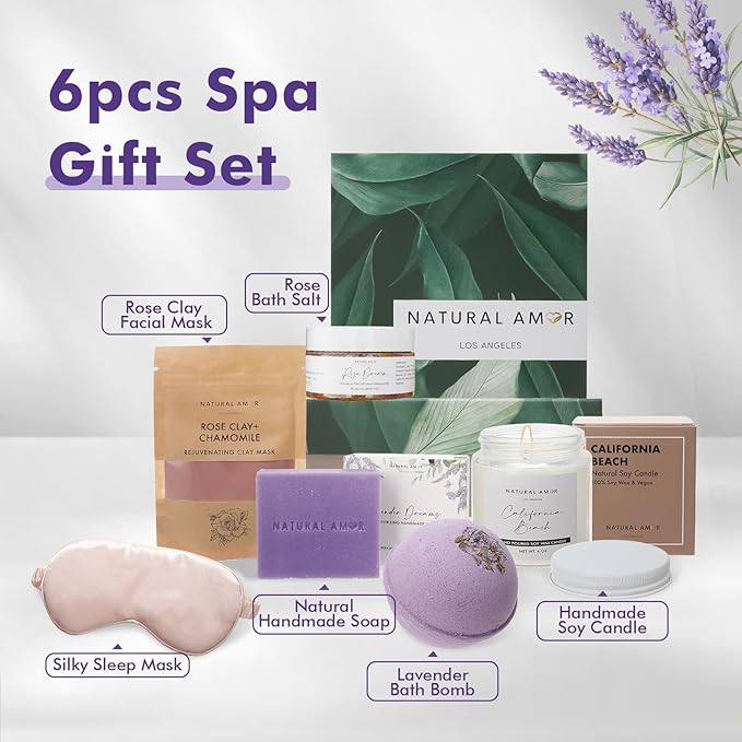Natural Amor Spa Gift Set for Women – 6-Piece Self Care Gift Box with Handmade Soap, Bath Bomb, Candle & Skincare, Ready-to-Gift Relaxation Set - Bloomnest