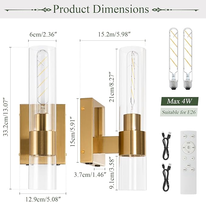 BELS Battery Operated Wall Sconces Set of Two, 13 Inch Gold Wireless Wall Light with Cylinder Clear Glass, Remote Control, Modern Wall Sconce for Bathroom, Bedroom, Living Room, Hallway - Bloomnest